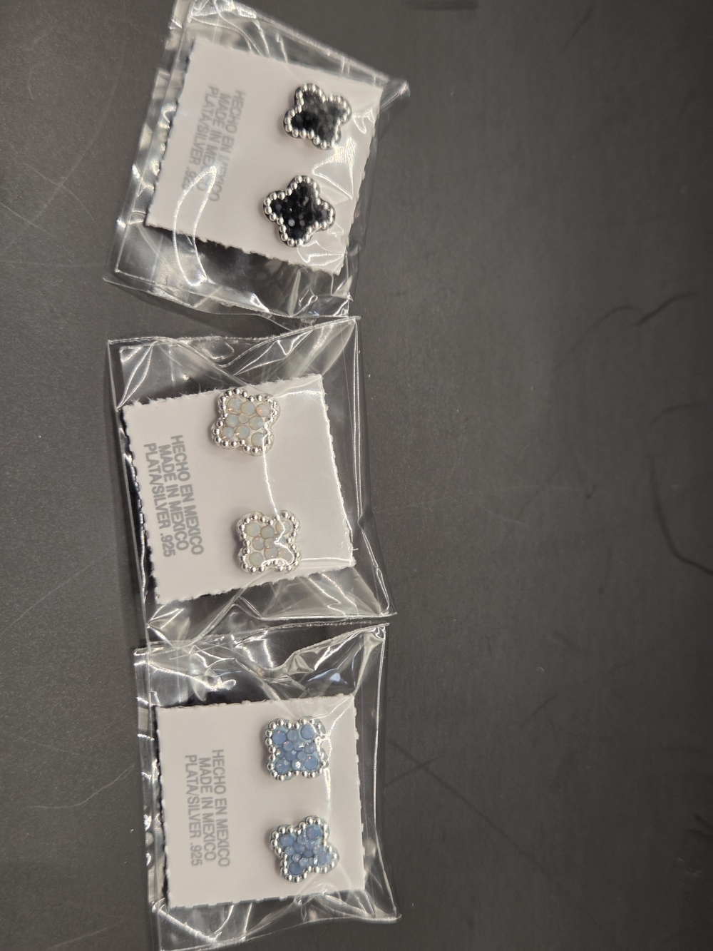 Three-Pair Clover Stud Earring Set in Black, White, and Light Blue